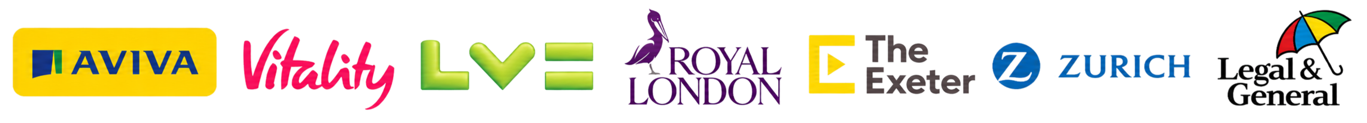 Aviva, Vitality, LV, Royal London, The Exeter, Zurich and Legal & General