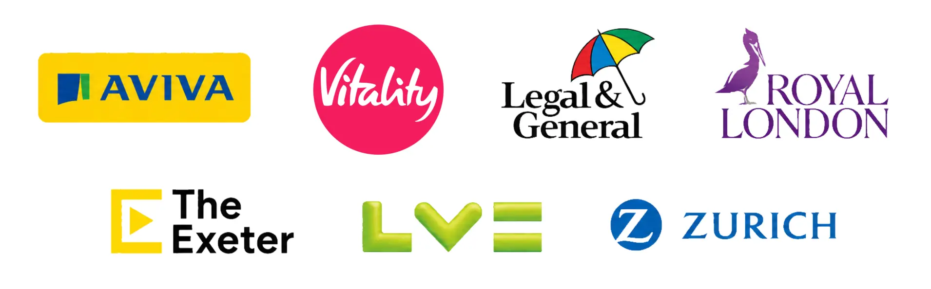 Aviva, Vitality, LV, Royal London, The Exeter, Zurich and Legal & General